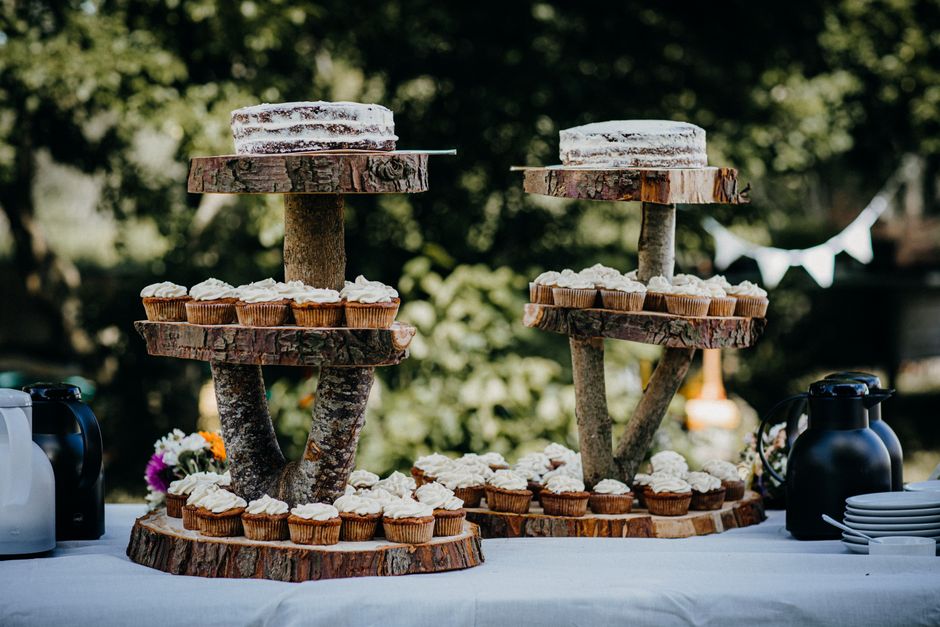 Elaborate wedding cake and dessert buffet station